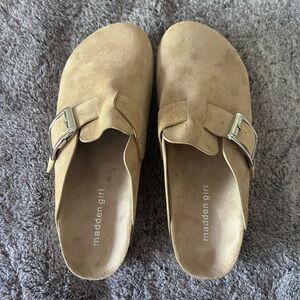 Madden Girl Beige Suede Buckle Clogs